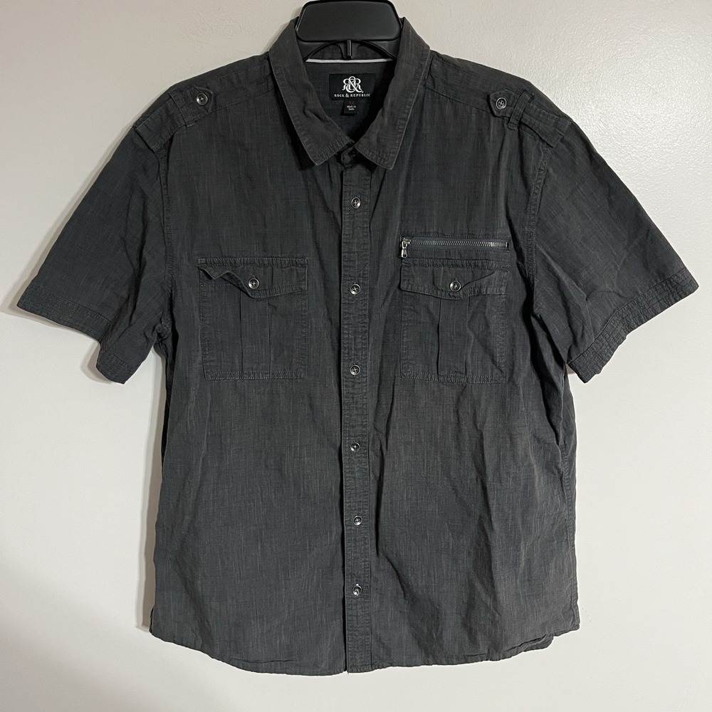 Rock Republic Mens Shirt Size XL Dark Blue Denim Chambray Zip Pocket Button Up